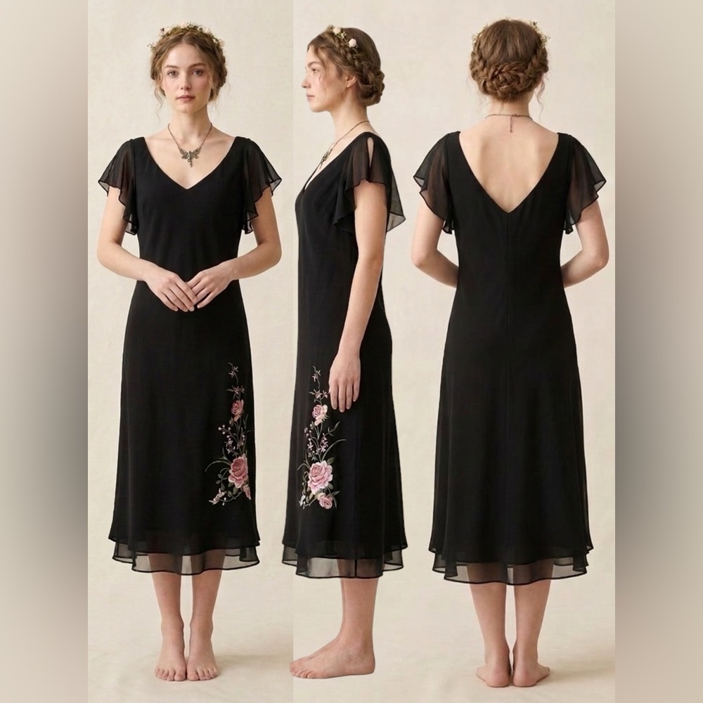 NWT VTG 90s Made In USA Floral Embroidered Midi Dress Whimsigoth Flutter Sleeve
